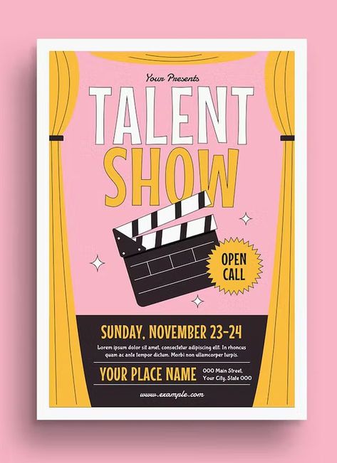 Theatre Workshop Poster, Invitation Poster Events, Talent Show Graphic Design, Show Card Design, College Event Poster, Talent Show Poster, Event Poster Ideas, Talent Show Flyer, Retro Event