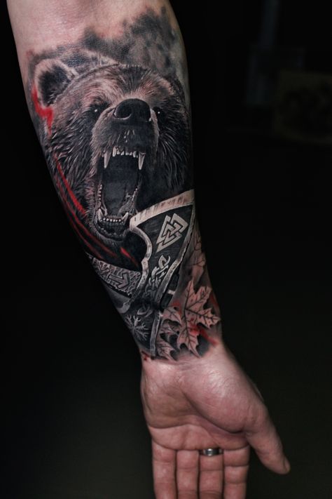 Arm Cover Up Tattoos, Rebirth Tattoo, Body Armor Tattoo, Trash Polka Tattoo Designs, Viking Tattoo Sleeve, Bear Tattoo Designs, Animal Sleeve Tattoo, Nature Tattoo Sleeve, Armor Tattoo