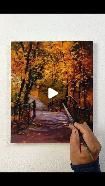 Hamlet Shougrakpam on Instagram: "Beautiful "Bridge in Autumn" Landscape Painting 🌉🍁🍂🌳⛅/Acrylic on paper 🖌️ #easy #beautiful #landscape #painting #acrylicpainting #acrylic #art #paper #autumn #bridge #road #forest #cloudy #peaceful #chill" Forest Landscape Painting, Road Painting, Landscape Painting Tutorial, Nature Art Drawings, Acrylic Landscape, Park Landscape, Diy Watercolor Painting, Autumn Park, Landscape Paintings Acrylic