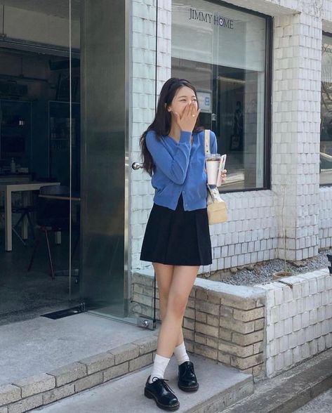 Spring Outfit Asian, Spring Korean Outfit, Blue Button Down Outfit, Modest Korean Fashion, Doc Marten, Oxford Sneakers, Korean Casual Outfits, White Socks, Doc Marten Oxford