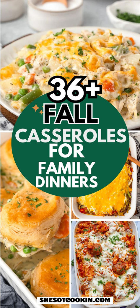 Photo collage with cozy fall dinnner casseroles with text overlay. Cheap Dinners Casseroles, Best Casseroles Dinners, Easy Casserole Recipes For Thanksgiving, Sunday Dinner Casserole Ideas, Easy Dinner Recipes For Family Casserole, Cold Fall Dinner Ideas, Fall And Winter Dinner Recipes, Dinner For Fall Weather, Dinner Casserole Recipes Easy