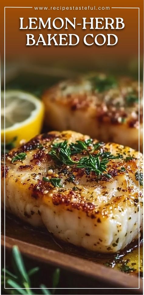 This Lemon-Herb Baked Cod is a light, healthy dish packed with fresh flavors from lemon, herbs, and perfectly baked cod fillets. It’s a quick and easy recipe that makes a delicious dinner when paired with your favorite sides like roasted vegetables, quinoa, or rice. The combination of olive oil, oregano, thyme, and garlic infuses the fish with aromatic flavors, while the fresh parsley adds a pop of color. #BakedCod #HealthyFishRecipes #LemonHerbCod Cod Fish And Rice Recipes, Keto Recipes Vegetables, White Fish Seasoning Recipes, Delicious Cod Recipes, Clean Cod Recipes, Best Way To Cook Cod Fish, Cast Iron Fish Recipes, Lemon Herb Baked Cod, Marinade For Cod Fish