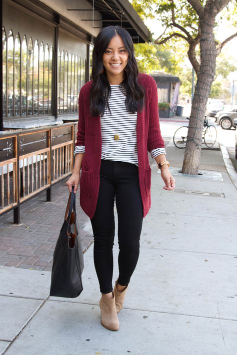 black and white striped shirt, maroon cardigan, black skinny pants, taupe booties, black tote business casual outfit 1 Inspired Outfits, Spring Outfit Women, Old Navy Outfits, Dressy Casual Outfits, Business Casual Outfits For Work, Fall Outfit Ideas, Mode Casual, Casual Work Outfits, Casual Winter Outfits