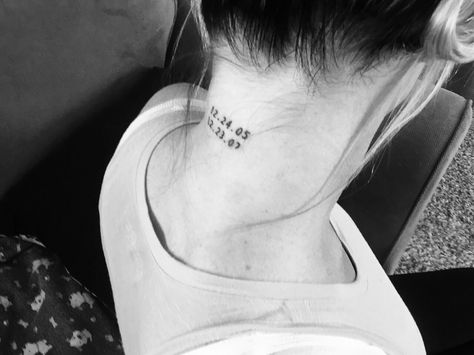 Children's birthday tattoo neck women Child Birthday Tattoo, Tattoo Ideas Clock, Birth Time Tattoo, Kids Birthday Tattoo, Birthday Tattoo Ideas, Owl Neck Tattoo, Scott Tattoo, Wing Neck Tattoo, Flower Neck Tattoo