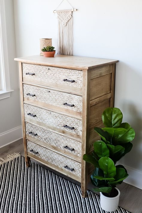 Bleach Dresser, Dresser Makeover Black, Dresser Makeover White, Boho Furniture Makeover, Boho Dresser Makeover, Decor Closet Organization, Dresser Remodel, Cabinet Upcycle, Stencil Dresser