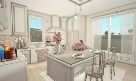 Bloxburg Kitchen Ideas Coquette, Bookshelf Bloxburg Ideas, Bloxburg Pink Kitchen, Bloxburg Coquette Kitchen, Coquette Kitchen Bloxburg, Bloxburg Coquette, Coquette House, Preppy House, Blocksburg Room Ideas￼