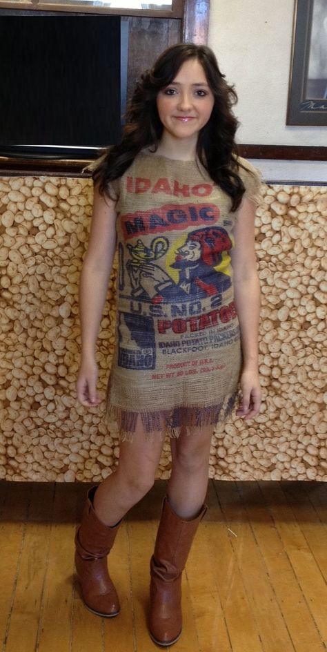 Potato Sack Girl Potato Sack Dress, Burlap Sack Dress, Anything But Clothes Party, Anything But Clothes, Potato Sack, Sack Dress, Burlap Sacks, Denim Projects, Dress Images