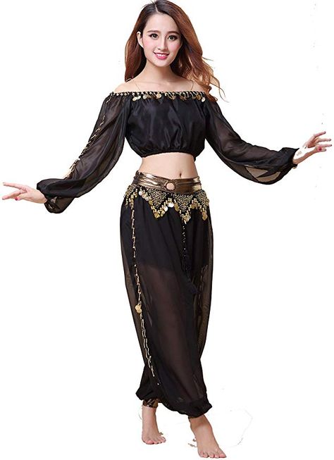 Amazon.com: ZLTdream Belly Dance Chiffon Long Sleeves Top and Lantern Coins Pants Black, One Size: Clothing Belly Dancer Outfits, Belly Dancer Costumes, Arabian Dress, Belly Dance Dress, Dancer Costume, Belly Dance Outfit, Dancers Outfit, Dance Pants, Dance Tops