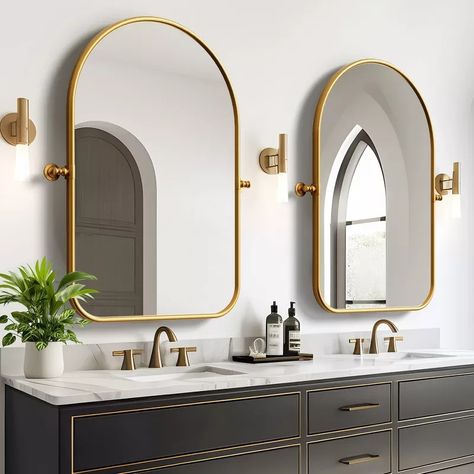 Neutypechic Metal Frame Arch Mirror Pivot Bathroom Vanity Mirror Set Of 2 - 36"x24", Gold : Target Bathroom Mirror With Sconces, Bathroom Vanity Mirror Ideas, Brass Bathroom Mirror, Arch Mirror Bathroom, Pivot Mirror, Corner Bathroom Vanity, Wall Mirrors Set, Double Mirror, Dresser Vanity