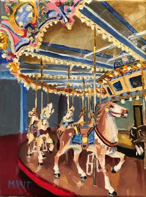 Carousel Illustration, Carousel Painting, Carnival Painting, Circus Painting, Gcse Art Ideas, Carousel Art, Horse Carousel, Carnival Art, Nostalgia Art