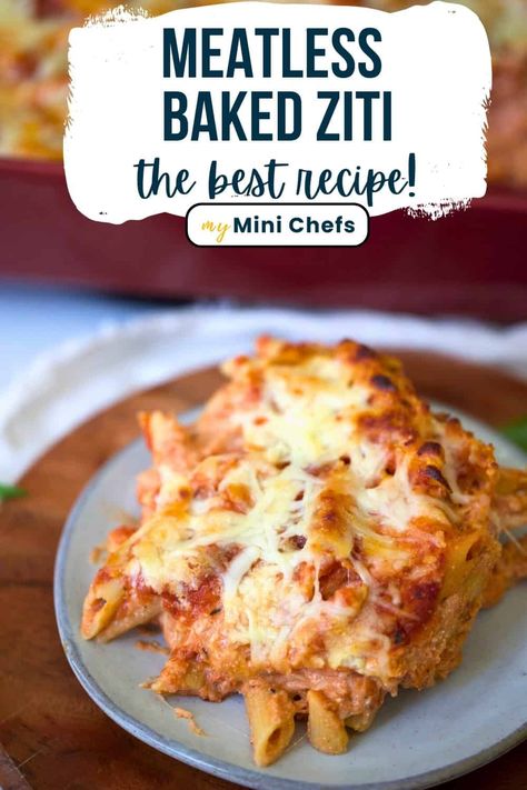 This easy recipe for Meatless Baked Ziti is made with a few simple ingredients but is super flavorful and quick to put together. It's guaranteed to become a family favorite! 5 Ingredient Baked Ziti, Meatless Mostaccioli Recipe Easy, Cheap Baked Ziti, Easy Baked Ziti Meatless, Quick Easy Meatless Dinner, Ziti Recipes Easy No Meat, Meatless Ziti Recipes, Baked Ziti Recipe Meatless, Baked Pasta Recipes Easy Vegetarian