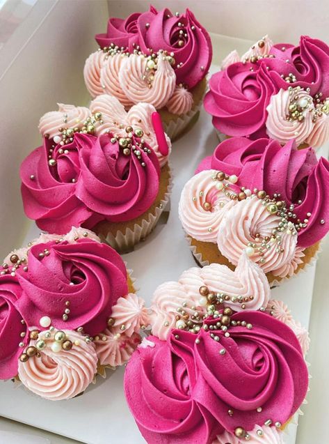 Raspberry Cupcakes Decoration, Decorated Cupcakes For Wedding, Dozen Cupcake Designs, Pink And Gold Cupcake Ideas, Pink Cupcake Decorating Ideas, Pink Birthday Cupcakes For Women, Hot Pink Cupcakes Birthday, Magenta Cupcakes, Wedding Shower Cupcake Ideas