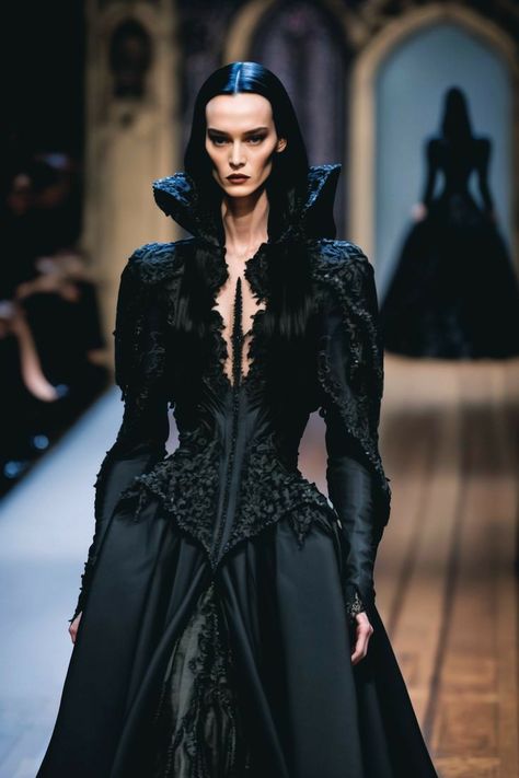 Gothic inspiration Gothic History Fashion, Vampire Haute Couture, High Fashion Vampire, Masquerade Outfits For Women, Gothic Haute Couture, Gothic Fashion Show, Morticia Inspired Outfit, Red Carpet Looks Ideas, Gothic Fantasy Dress