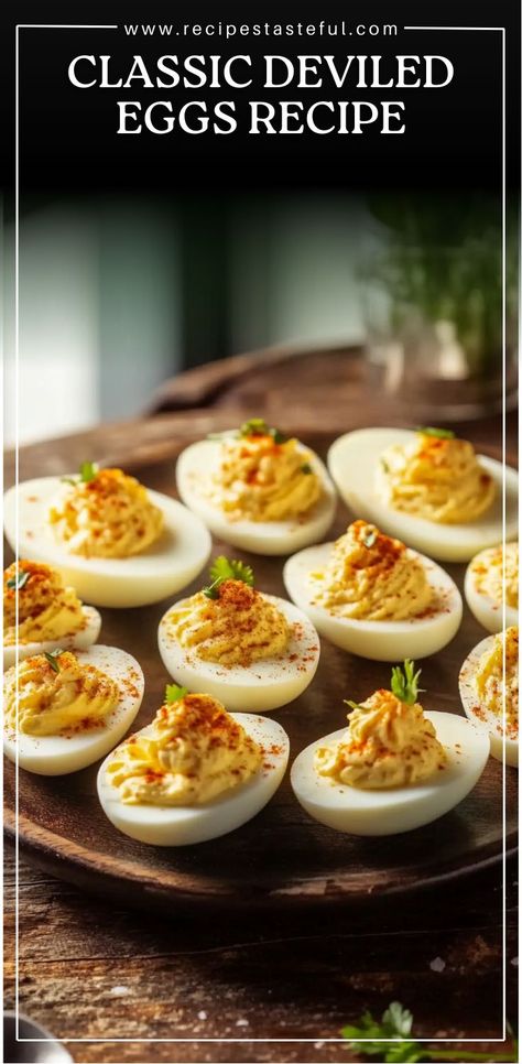 Classic Deviled Eggs are a timeless appetizer, perfect for gatherings and celebrations. With a creamy filling that includes a secret ingredient—pickle juice—these deviled eggs offer a unique twist on the traditional recipe. Easy to make and always a crowd-pleaser, they’re ideal for any occasion. Gourmet Deviled Eggs, Classic Deviled Eggs Recipe, Pickled Deviled Eggs, Perfect Deviled Eggs, Classic Deviled Eggs, Deviled Eggs Recipe Easy, Devilled Eggs Recipe Best, Deviled Eggs Recipe Classic, Devilled Eggs