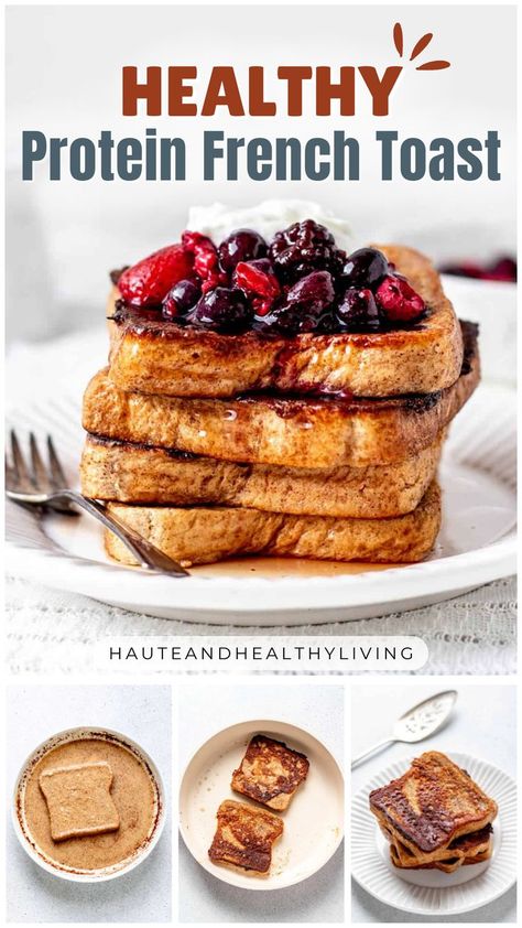 This protein French toast recipe is a delicious high-protein breakfast or post-workout meal. Healthy and easy to make! Healthy Protein French Toast, Protein French Toast Recipe, Protein Toast, Healthy French Toast Recipe, Protein French Toast, Healthy French Toast, Healthy High Protein Breakfast, Healthy Breakfast Meal Prep, Easy French Toast Recipe