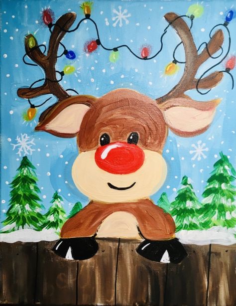 How To Paint A Cute Rudolph - Step By Step Painting Easy Holiday Painting Ideas On Canvas, Winter Canvas Painting Ideas Easy Step By Step, Painting Ideas On Canvas Winter, Christmas Painting Ideas On Canvas Easy, Tracie Kiernan, Painting Ideas On Canvas Christmas, Holiday Paintings, Christmas Painting Ideas, Christmas Canvas Art