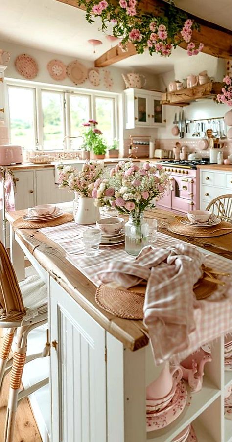 Pink Floral Kitchen, Pink Cottage House, Fairy Interior, Shabby Chic House, Pink House Interior, Girly Kitchen, Pink Farmhouse, Rustic Cottage Style, Romantic Kitchen