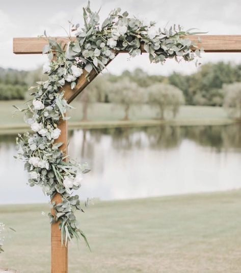 Arbour Flowers Wedding, Eculyptus Wedding Arch, Square Wedding Arch With Greenery, Eucalyptus Wedding Arch Simple, Wedding Arch Eucalyptus Garland, Simple Arbour Flowers, Minimal Wedding Arch Flowers, Wedding Arch Ideas Greenery, Wedding Arbor Ideas Greenery