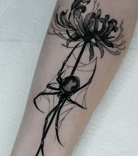 Dark elegance for @s.dan__i 🕷️🔥 Thank you for being so brave! • • • #darktattoo #blackwork #spidertattoo #flowerandspider #darkart #tattoolife #inkedgirls #tattoodesign #tattoostyle #boldandblack Spider Web Forearm Tattoo, Black And White Spider Lily Tattoo, Spider Lily Sleeve Tattoo, Spider On Flower Tattoo, Spiderweb Floral Tattoo, Thigh Spider Tattoo, Spider Lily Outline, Spider Lillies Tattoo Design, Gothic Tattoo Ideas For Women