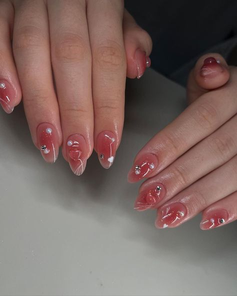 Red Blush Nails, Summer Nails Jelly, Red Korean Nails, Korean Almond Nails, Nail Inspo Korean, Jelly Gel Nails, Almomd Nails, Korean Jelly Nails, Nail Art Jelly