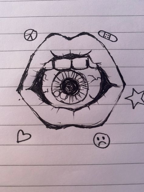 Cool Eyes To Draw, Grunge Drawing Ideas Easy, Easy Doodle Art Drawing Cute, Hippie Sketches, Grunge Drawing Ideas, Grunge Sketches, Grunge Art Sketches, Grunge Painting, Eyeball Drawing