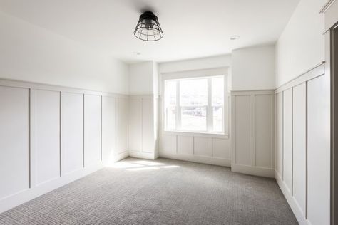 Cream on white Griege Wall Panelling, Panelled Walls With Windows, Mid Wall Paneling, Half Room Panelling, One Wall Paneling, Greige Paneling, Small Wall Paneling, Whole Room Paneling, Tall Panelling Bedroom