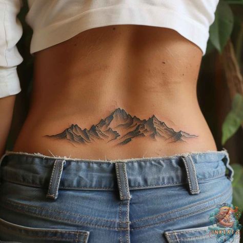 Lower Back Mountain Tattoo, Nature Arm Tattoos For Women, Mountain Tatoos Woman, Valley Tattoo Mountain, Mountain And Trees Tattoo Design, Mountain Tattoo On Back, Mountain Spine Tattoo, Rock Tattoo Nature, Mountain Back Tattoo