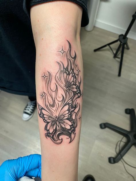 Burn Burn Burn Tattoo, Butterfly With Fire Tattoo, Burning Flower Tattoo, Complicated Tattoos, Flaming Butterfly Tattoo, Burning Butterfly Tattoo, Trippy Tattoos For Women, Fire Butterfly Tattoo, Butterfly On Fire Tattoo