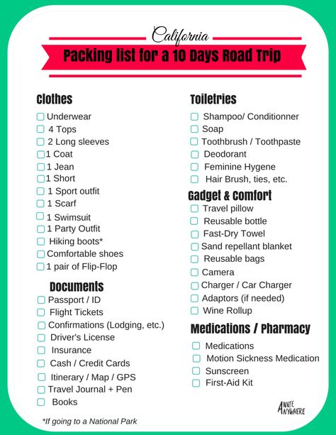 What to pack for a 10 days road trip in California,  between San Francisco and Los Angeles. | Practical printable list. 10 Days Beach Vacation Packing, 10 Days Vacation Packing, Packing List For Vacation 10 Days, 10 Days Packing List Summer, 10 Days Travel Packing, 10 Day Travel Packing List, Packing List 10 Days Summer, What To Pack For Los Angeles, What To Pack For A 10 Day Trip