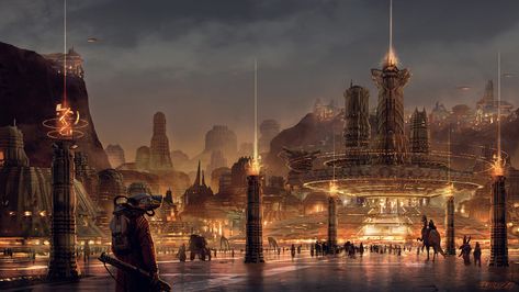 -Temple City-, Pat Presley on ArtStation at https://www.artstation.com/artwork/xJxeVO Modern Fantasy City, Money Flowing, Spiritual Center, Fantasy Settings, Concept Vehicles Sci Fi, Temple City, Fantasy City, Fantasy Castle, Fantasy Places