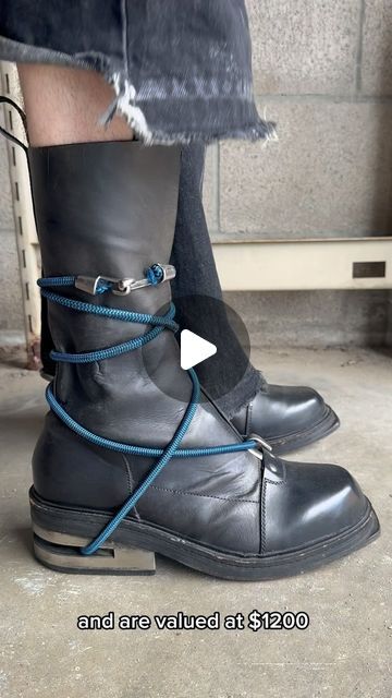 ArchiveThreads on Instagram: "*FOR SALE* AW96 Dirk Bikkembergs ‘Bungee Cord’ Leather Mountaineering Boots 🪢  Debuting in Dirk Bikkembergs’ Autumn 1996 collection, this iconic pair of boots comes in the extremely rare ‘Mountaineering’ silhouette. Characterized by their front metal hook on the toe box and uniquely high cut silhouette, they feature a steel heel and both blue and black bungee cords to pair. Tagged as a size 41.5 IT / US 8.5, in good condition with signs of use throughout.  Price: $1200.00  Available for purchase/rental now through ArchiveThreads.ca" Dirk Bikkembergs Boots, Dirk Bikkembergs, Bungee Cords, Fly Trap, Mountaineering Boots, Bungee Cord, Clothing Design, Mountaineering, Blue And Black