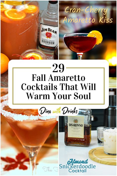 Collage of 4 fall amaretto cocktails. Amaretto Whiskey Drinks, Creamy Amaretto Drinks, Drink With Amaretto, Tequila Amaretto Drinks, Fall Drinks With Amaretto, Amaretto Liqueur Recipes, Fall Amaretto Cocktails, Sweet Fall Cocktails, Amaretto Apple Cider Cocktail