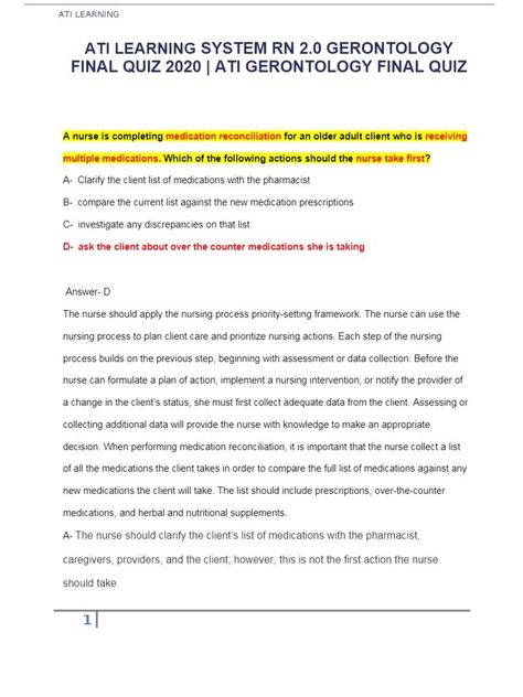 ATI LEARNING SYSTEM RN 2.0 GERONTOLOGY FINAL QUIZ 2020 | ATI GERONTOLOGY FINAL QUIZ Gi Assessment Nursing, Gnm Nursing, Genitourinary System Nursing, Gerontology Nursing, Peritonitis Nursing, Psychotropic Medications, The Client List, Long Term Care Facilities, Medication List