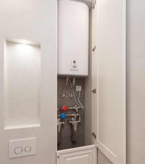 hiding a boiler in bedroom Boiler Bathroom Hide, How To Hide Water Heater In Bathroom, Hidden Hot Water Heater, Hide Water Heater In Bathroom, Boiler Above Toilet, Hide Boiler In Bathroom, Hiding A Boiler, Hidden Boiler Bathroom, Tankless Water Heater Cover Ideas