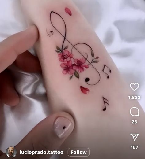 Flower With Music Notes Tattoo, Sakura Moon Tattoo, Feminine Music Tattoos, Trouble Clef Tattoo, Spine Tattoos For Women Music, Musical Note Tattoos For Women, Music Inspired Tattoos For Women, Musical Tattoos For Women, Music Flower Tattoo