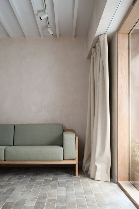 Porteous 'Studio de Izat Arundell Canvas Curtains, Bedroom Photography, Clay Plaster, Timber Windows, Material Palette, Plaster Walls, Bespoke Furniture, Design Firms, Interior Details