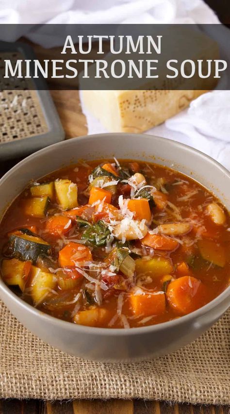 This is my delicious and easy-to-follow recipe for Autumn Minestrone Soup, ready in about 40 minutes. It's loaded with seasonal vegetables and has a wonderful depth of flavor. This soup freezes well, so make a big batch and freeze some for later. Autumn Minestrone Soup, Rustic Soup Recipes, Fall Minestrone Soup, Autumn Countryside, Soup Hearty, Seasonal Vegetables, Countryside Cottage, Recipes Soup, Italian Soup