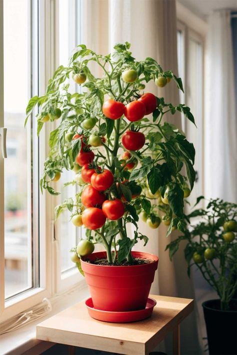 How To Grow Huge Tomato Plants Indoors Over The Winter! - Mental Scoop Indoor Veggie Garden Apartment, Growing Plants In Pots, How To Grow Vegetables Indoors, Indoor Garden Inspiration, Starting Plants Indoors, Indoor Food Plants, Indoor Container Gardening, Herb Growing Indoors, Tomato Plant Aesthetic