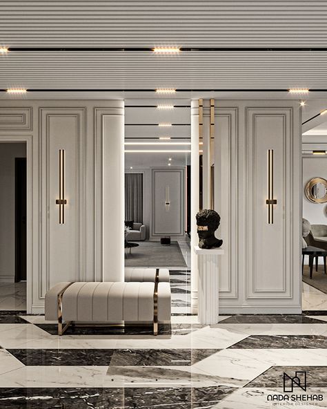 Passage Area Design, Classic Entrance Design, Neoclassic Interior Design, Classic Contemporary Interior Design, Neoclassic Design, Classic Entrance, Neoclassical Interior Design, Lobby Interior Design, Classical Interior