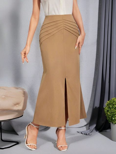 Women's Plain Simple Daily Wear Split Hem Skirt Mocha Brown Elegant   Woven Fabric Plain Mermaid Non-Stretch  Women Clothing, size features are:Bust: ,Length: ,Sleeve Length: Best Formal Dresses, Split Hem Skirt, Kente Dress, Classy Gowns, Fashion Design Patterns, Pretty Skirts, Garment Pattern, Stylish Skirts, Women Skirts