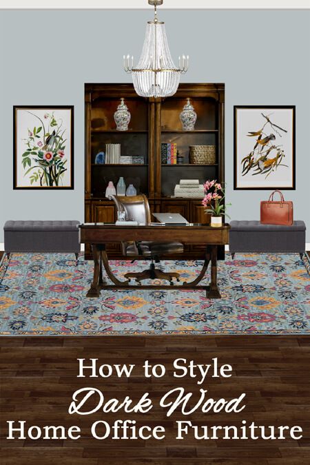 how to style dark wood furniture to make it feel lighter and brighter. how to style a bookcase. how to arrange a dark wood bookcase. Home inspo. Room ideas. Home decor. Room decor. Home. House interior. how to decorate with dark wood furniture. Home Office Cherry Wood, Cherry Office Furniture, Home Office With Dark Wood Furniture, Mahogany Desk Office Decor, Dark Office Furniture, Mahogany Office Decor, Dark Brown Office Desk, Dark Wood Study Room, Cherry Office Furniture Decor