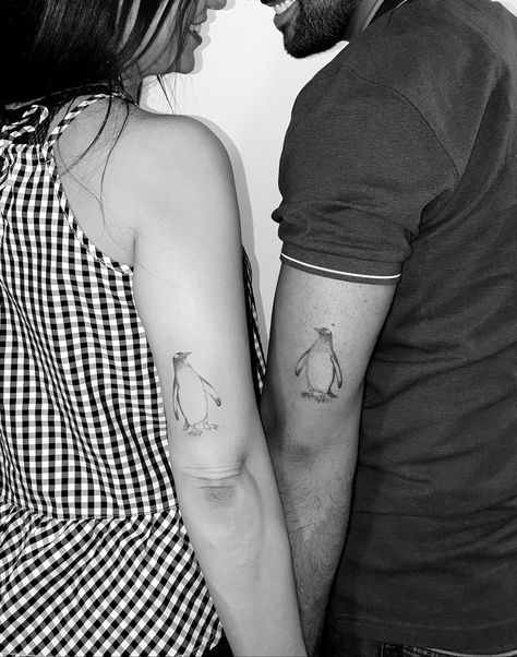 Couple tattoo, piguin tattoo, fineline tattoo, tattoo by @guadalupe.depaulis Penguin Couple Tattoo Ideas, Matching Penguin Tattoos Couples, Matching Penguin Tattoo, Penguin Tattoo Couple, Penguin Tattoos, Disney Couple Tattoos, Infinity Tattoos For Couples, Ice Cream Tattoo, Unique Infinity Tattoo