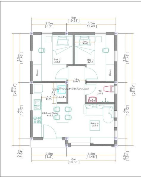 Small House Layout 6 X 8 House Plan, 2 Room Flat Design, Two Bedroom Flat Floor Plans, 48 Sqm House Design, Small House 2 Bedroom Plans, 60 Square Metre House Plans, 100 Sqm House Design Floor Plans, 6x8 House Plan, Small 2 Floor House