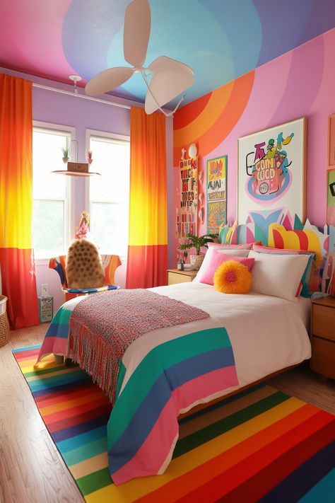 A bedroom bursting with Pride Parade energy! From the rainbow flag mural to the pride symbol patterns, it's a space that celebrates LGBTQ+ history and identity. Rainbow Theme Bedroom Ideas, Pride House Decor, Lgbtq Bedroom Ideas, Rainbow Aesthetic Room, Pride Bedroom Ideas, Rainbow Room Ideas, Lgbtq Room Ideas, Pride Bedroom, Rainbow Room Aesthetic