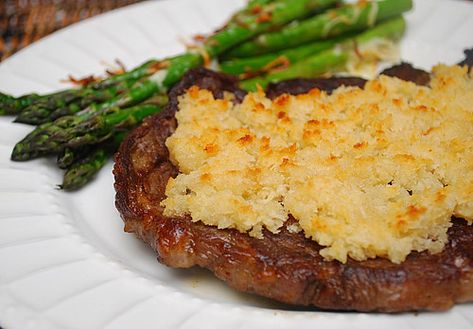 Parmesan Crusted Asparagus, Parmesan Crusted Steak, Steak Toppings, Where's The Beef, Valentines Day Dinner, Ribeye Steak, Steak Dinner, Crust Recipe, Beef Dishes