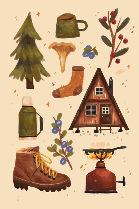 A digitally illustrated print featuring all the things necessary for cosy autumnal walking, featuring camping stoves, coffee thermos, trees, blueberries, chanterelle mushrooms and a little A-frame cabin. Perfect for nature lovers and avid hikers Chanterelle Mushrooms, رسم كاريكاتير, Cute Cabins, Wood Illustration, Whimsical Art Journal, Coffee Thermos, Autumn Illustration, Autumn Stickers, A Frame Cabin