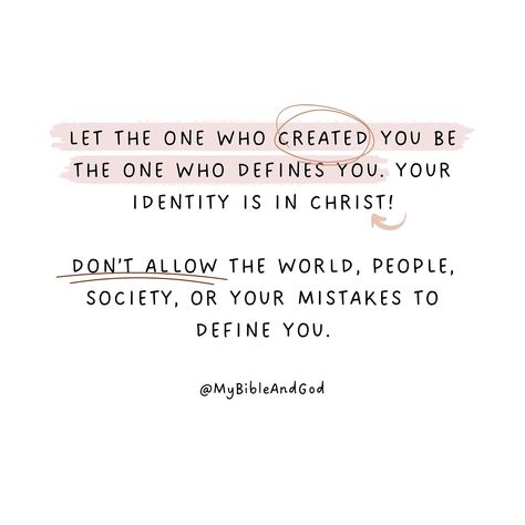 Your identity is in Christ! Don’t allow the world, people, society, or your mistakes to define you. Let God be the only one who defines you because He made you and He knows who you are and your identity. We all have those moments when the cares of our hearts are just so many, and if you experience this, let God’s word console and cheer your soul. Psalm 94:19 - and you will be reminded of who you are in Him. 👉 You are made in the image and likeness of God. (Genesis 1:27) 👉 You are fearfully... What God Knows About Me Quotes, God Guides Quotes, You Are Made In The Image Of God, Gods Word Is True, Not Knowing Who You Are, Finding Identity In God, God Is With Us Quotes, God Cares For You Quotes, Gods Words Of Wisdom