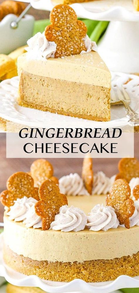 This Gingerbread Cheesecake recipe is made with a delicious shortbread crust, gingerbread cheesecake filling and a molasses mousse topping! It’s the perfect easy dessert recipe for the holidays! Gingerbread Cheesecake, Raspberry Bars, Easy Dessert Recipe, Brownie Desserts, Cheesecake Filling, Shortbread Crust, Oreo Dessert, Holiday Dessert, Christmas Food Desserts