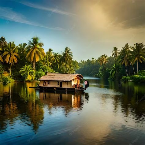 Premium AI Image | Phtoo of Houseboat in Kerala backwaters Kerala Images, Kerala Photos, Kerala Photography, Tourism Aesthetic, Tourism Background, Kerala Aesthetic, Kerala Travel Photography, Kerala Boat House, Kerala Places Photography