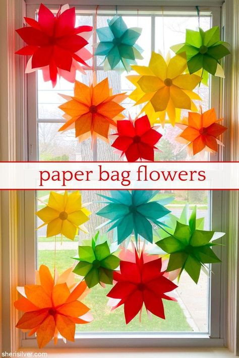 Door Design Classroom, Paper Bag Stars, Paper Bag Decoration, Tissue Paper Roses, Paper Bag Flowers, Design Classroom, Small Lunch Bags, March Crafts, Library Crafts